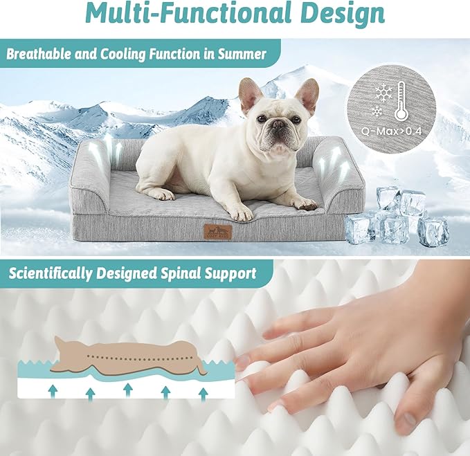 Cooling Dog Bed, Orthopedic Foam Dog Bed with Sides, Removable Cover & Waterproof Lining and Nonskid Bottom, Comfortable Pet Beds for Extra Large Dogs, Grey (48" L x 32" W x 7.5" Th)