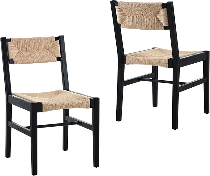 Modern Rattan Dining Chairs Set of 2, Boho Cane Farmhouse Chair, Black Wood Legs Dining Chairs with Open Back, Armless with Natural Weave 2.5 Inches Seat Kitchen Chairs for Living Room