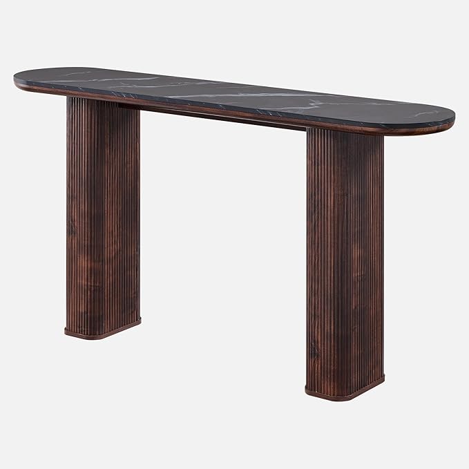 OKD 63 Inch Modern Console Table with Arc Marble Texture Top, Fluted Wood Base, Contemporary Entryway Sofa Table for Living Room, Hallway, Foyer, Dark Walnut