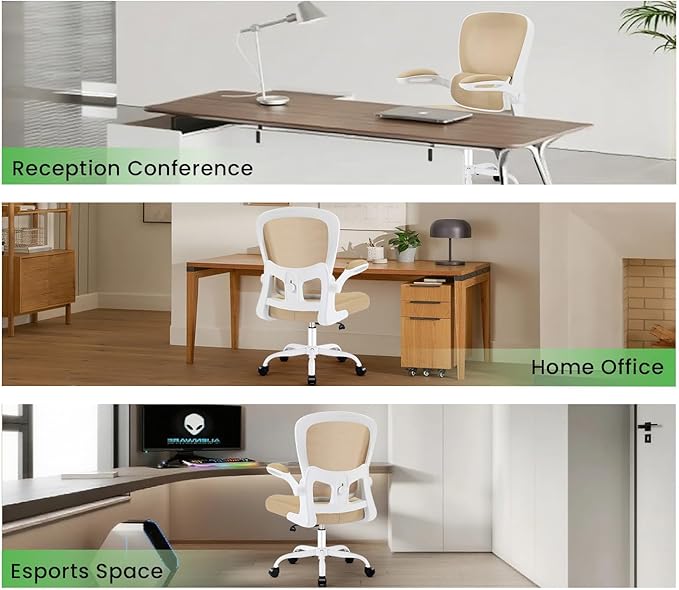 Ergonomic Office Chair, Comfy Desk Chair with Adjustable Lumbar Support, Mesh Computer Chair with Wheels, Flip-up Armrests, Swivel Rolling Executive Chair for Home Office, Gaming, Khaki