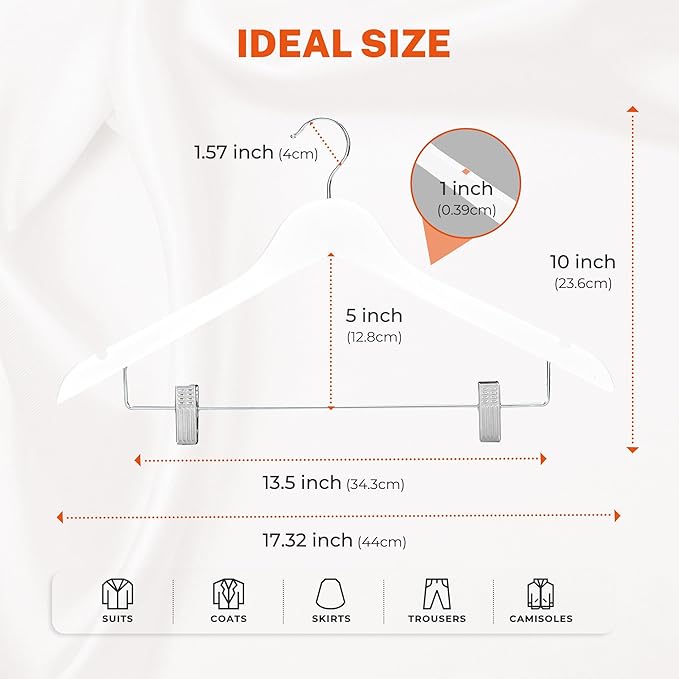 HOUSE DAY Wooden Hangers with Clips 24 Pack, Heavy Duty White Wood Pants Hanger, Premium Skirt Hanger with Adjustable Clips, Solid Clip Hangers for Suit, Blouse, Dress, Coat, Jacket, Bottom