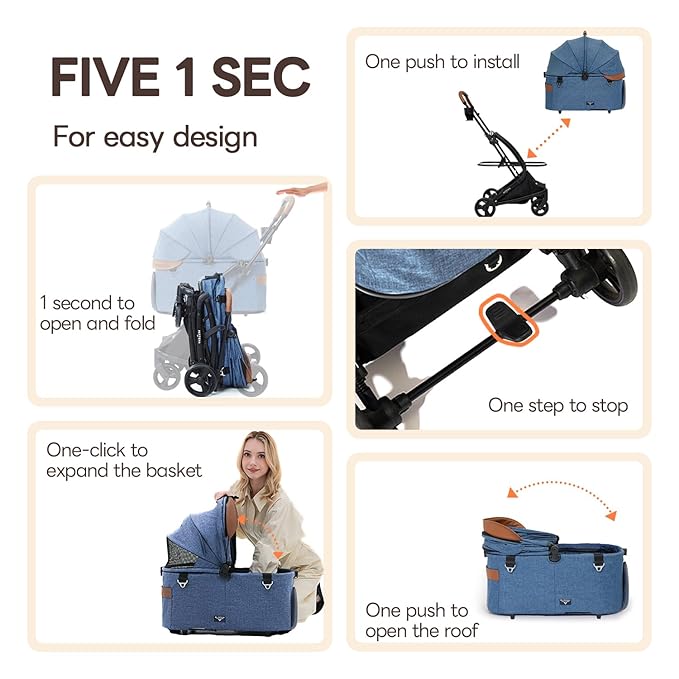 PETTENA X-Fold Dog Stroller for Small/Medium Dogs up to 55 Lbs, Premium 3 in 1 Pet Stroller, Large All-Terrain Rubber Wheels, Navy Blue