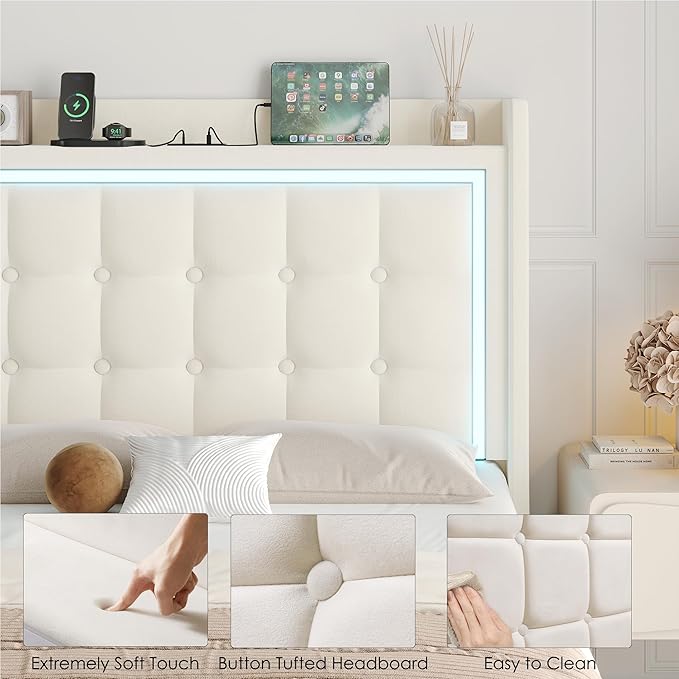 Keyluv Upholstered Twin Floating Bed Frame with RGB LED Lights and Charging Station, Velvet Platform Bed with Button Tufted Storage Headboard, Type-C & USB Charging Ports, No Box Spring Needed, Beige