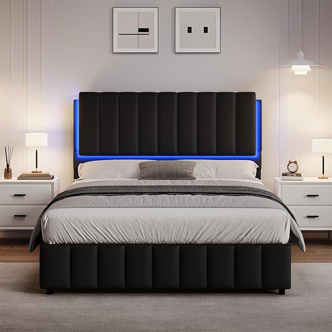 Queen Bed Frame with LED Lights and Headboard, Modern Upholstered Faux Leather Platform Bed with Wooden Slats Support, No Box Spring Needed, Easy Assembly, Black