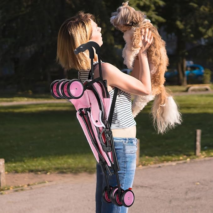 Umbrella Dog Stroller, Foldable Pet Stroller for Small Dogs Cats, 4 Wheels Pet Strolling Cart with Carrying Strap and Cup Holder, Breathable and Visible Mesh, Dog Poop Bags & Dispenser (Pink)