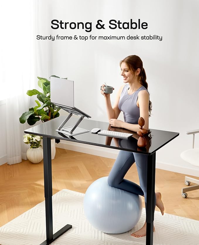 Marsail Glass Electric Standing Desk with Drawer, 48 x 24 Inches Height-Adjustable Desk, One-Piece Tempered Glass Top, Ergonomic Home Office Sit Stand Desk with 4 Preset Heights, Black