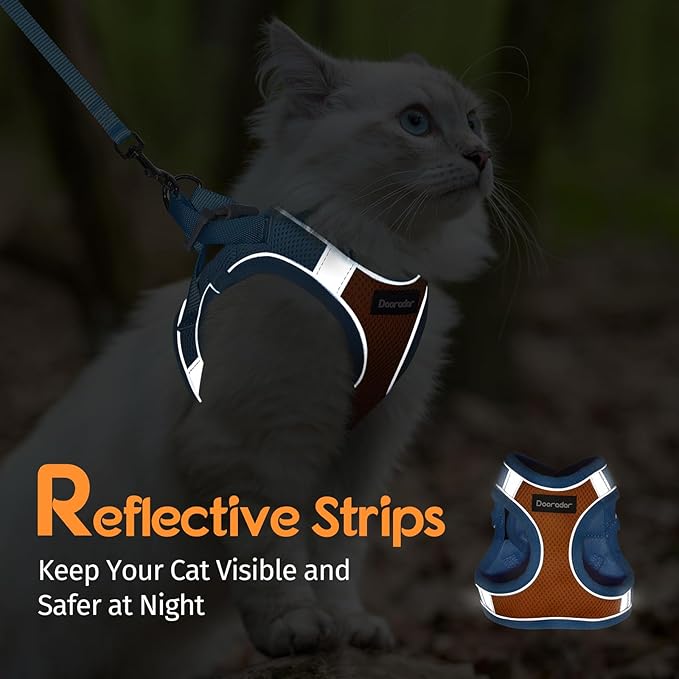 Dooradar Cat Harness and Leash Set, Escape Proof Lightweight Kitten Harness, Soft Breathable Reflective Vest for Outdoor Walking Traveling, Adjustable for Large Cats, Orange & Blue, L