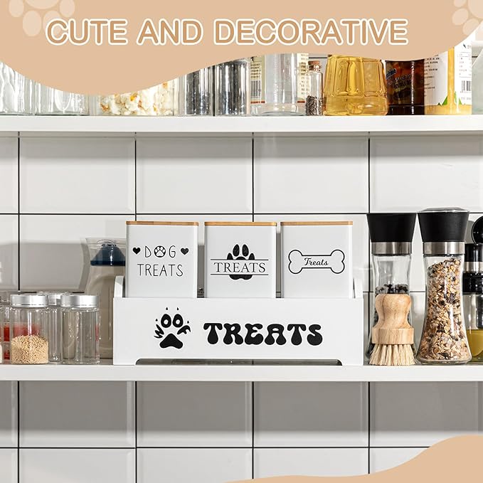 Weysat Dog Treat Container Set for Countertop Includes 3 Metal Treat Jars, 1 Food Storage Tray with Sticker and Pen Farmhouse Pet Food Storage Organizer Gift for Pet Dog Owners