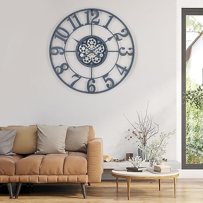 29 Inch Large Wall Clocks for Living Room Decor with Moving Gears,Large Wall Clock Industrial Steampunk,Oversized Metal Analog Wall Clocks for Farmhouse Home Battery Operated