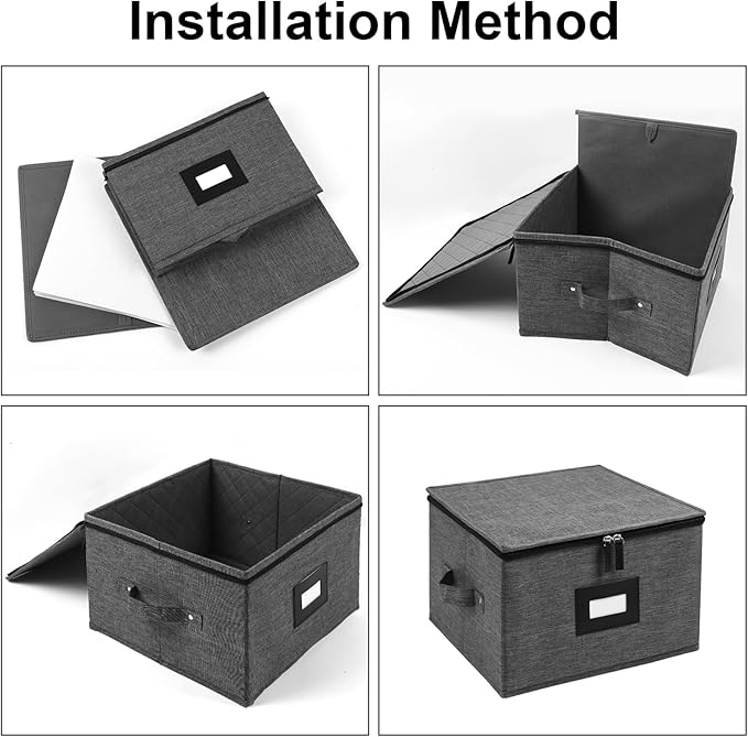 Mayniu China Storage Containers Hard Shell, 12" Plate Storage Containers for Dishes, Stackable Dinnerware Storage with 24 Felt Dividers (2 Pack Black)