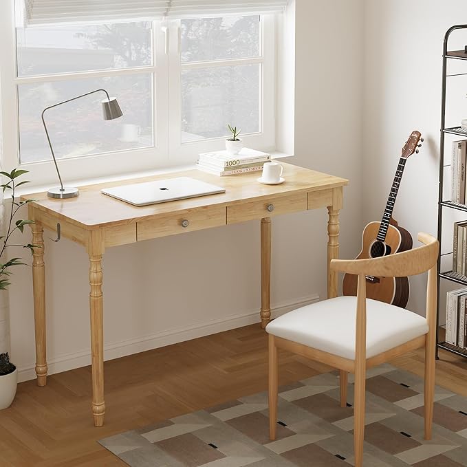 Solid Wood Desk with Drawers - 48 Inch Writing Desk with Drawers, Mid Century Modern Desk with 2 Hooks, Rubber Wood Study Table for Bedroom, Living Room & Office, Natural Boho Desks