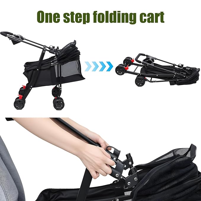 Pet Stroller, Dog Stroller for Small and Medium Dogs Cats with 360° Wheels, Folding Puppy Strollers with Dual Brake, Large Storage Basket, Breathable Mesh, Cup Holder, Removable Top (Navy Blue)