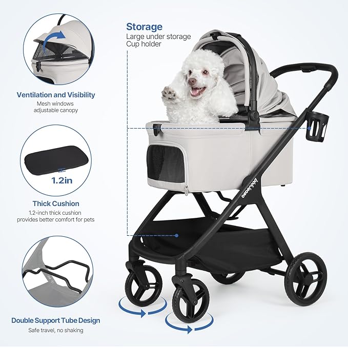 X-5 Luxury Pet Stroller for Medium Dog Under 55lbs or 2 Small Dogs & Cats, One-Touch Folding, Adjustable Handle and Detachable Carrier (Grey)