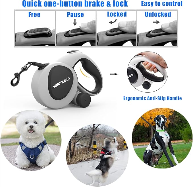 HCY&WLD Upgrade 3-in-1 Retractable Dog Leash with Integrated Dispenser & Poop Bags, 26 ft Heavy Duty Dog Leash with Anti-Slip Handle for Dogs up to 110 lbs, 360° Tangle-Free, One Button Brake & Lock