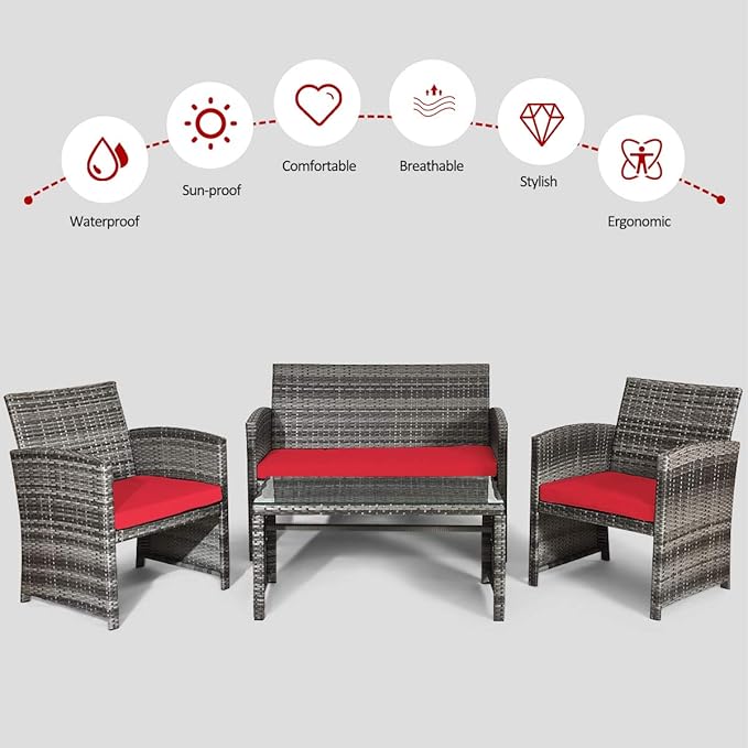 Tangkula 4 PCS Wicker Patio Conversation Set, Outdoor Rattan Sofas with Table Set, Patio Furniture Set with Soft Cushions & Tempered Glass Coffee Table for Poolside Balcony