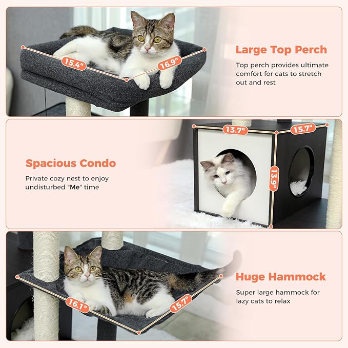 52" Modern Cat Tree for Large Cats, Wooden Cat Tower with Fully Sisal Covered Scratching Posts, Luxury Cat Furniture with Spacious Perch, Super Large Hammock, Cozy Condo and Swing Tunnel Black