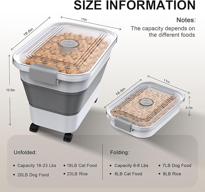 Dog Food Storage Container, 10-23 Lbs Collapsible Dog Food Container with Transparent Airtight Lid, Wheels and Scoop, Travel Pet Food Storage Container for Cat, Dog and Bird, Keep Dry Food Fresh