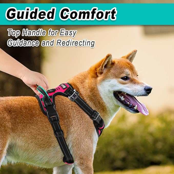 BARKBAY Dog Harness No Pull 3 Buckles for Large Dogs - Adjustable, Reflective, Comfortable, No Choke, Heavy-Duty - Perfect for Outdoor Training, Walking, and Hiking - Strong & Durable - L & Pink