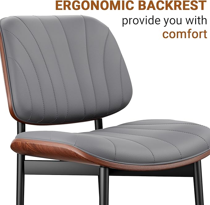 Dining Chairs Set of 6, Mid-Century Modern Upholstered PU Leather Chairs with Walnut Back and Metal Legs Adjustable Feet for Kitchen Dining Room, Dark Gray Shell Strips