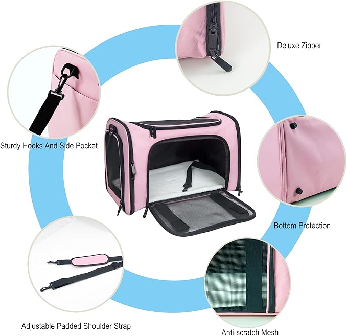 Soft Sided Carrier for Small Medium Cats Dogs,Removable Pad Collapsible Travel Pet Carrier Large Pink