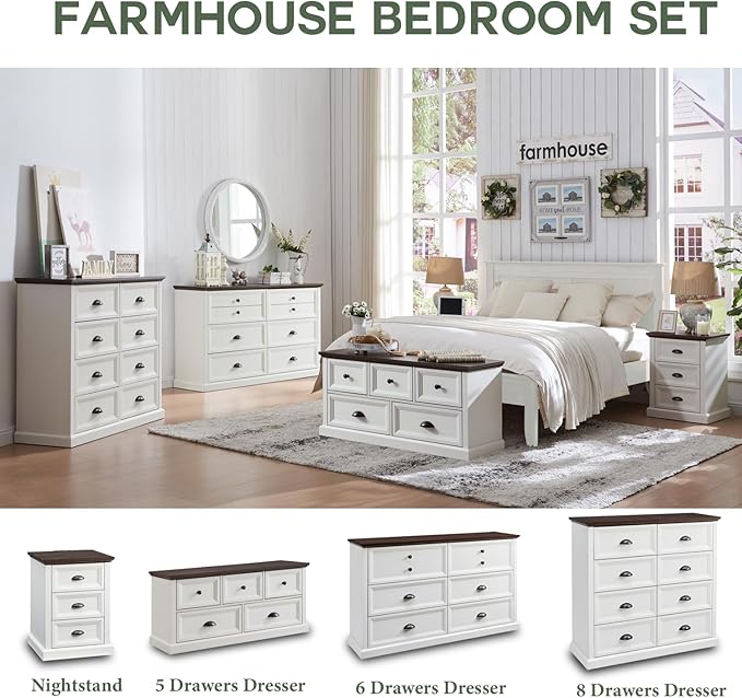 Farmhouse 5 Drawers Dresser for Bedroom, 45" Wide Chest of Drawers, 21" Tall Storage Closet Bench Storage Chest Storage Trunk, Wood Rustic Dresser for Closet, Living Room, Hallway, White