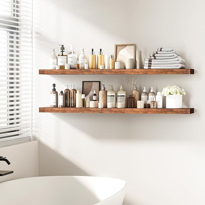 Fun Memories 55 Inch Floating Shelves - 9 Inch Deep Rustic Wooden Wall Shelves - Extra Deeper & Thicker Wall Mounted Storage Shelf for Living Room, Kitchen, Farmhouse - 55" W x 9" D x 1.8" H - Brown