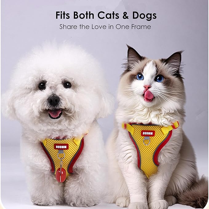 Cat Harness and Leash Set for Walking – Escape-Proof Reflective Vest for Cats and Small Dogs, Adjustable Soft Air Mesh with Pressure-Reducing Design, 4.92ft (Red & Yellow, S)
