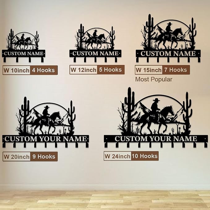 Custom Western Cowboy Metal Iron Key Hooks,Personalized Name & Text Engraving,Decor Wall Keys Holder for Home Entryway (Style B)