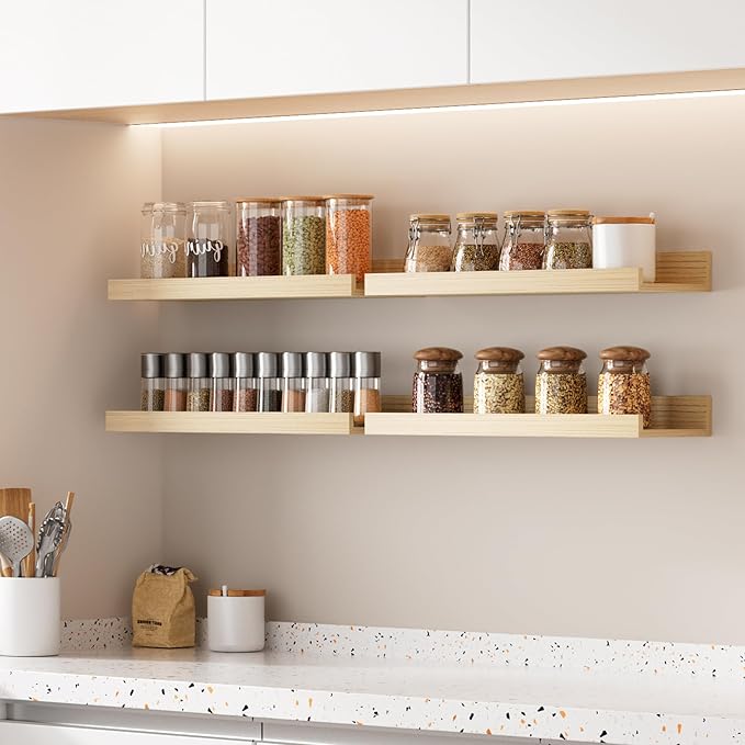 upsimples Floating Shelves for Wall, Wall Shelves for Decor Storage Set of 6, Wall Mounted Wood Shelf for Bedroom, Living Room, Bathroom, Kitchen, Picture Ledge Shelves, Natural