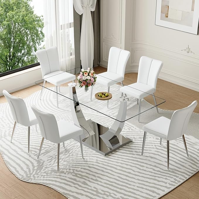 71'' Glass Dining Room Table Set for 6, Kitchen Table Set with 6 PU Leather Chairs, Tempered Glass Dining Table Set with Silver U-Shaped Table Legs and Rectangular Base