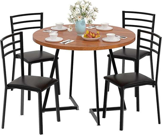 VECELO 35” Round Dining Table Set with 4 Cushioned Padded Chairs for Kitchen, Breakfast Nook, or Living Room, Wood-Grain Tabletop & Heavy-Duty Steel Frame, Easy Assembly, Walnut