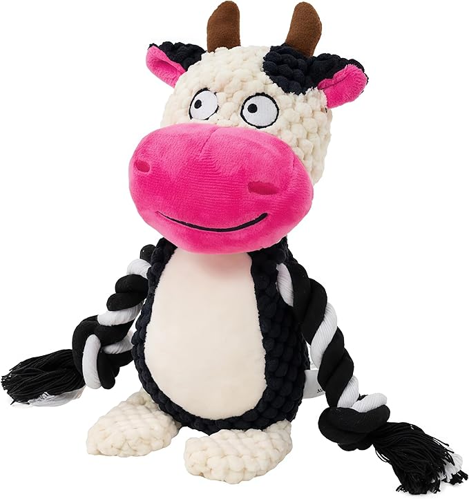 Dog Toy with Rope Arms Dairy Cow, Squeaky Interactive Pet Toy, Purple, for Small & Medium Dogs