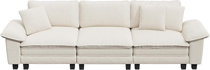 PHI VILLA Modern Modular Couches Sets, 123.6" Cloud Sectional Sofa with Upholstered Deep Seat, 3-Seater Couch for Living Room Small Spaces, Corduroy Fabric, Beige