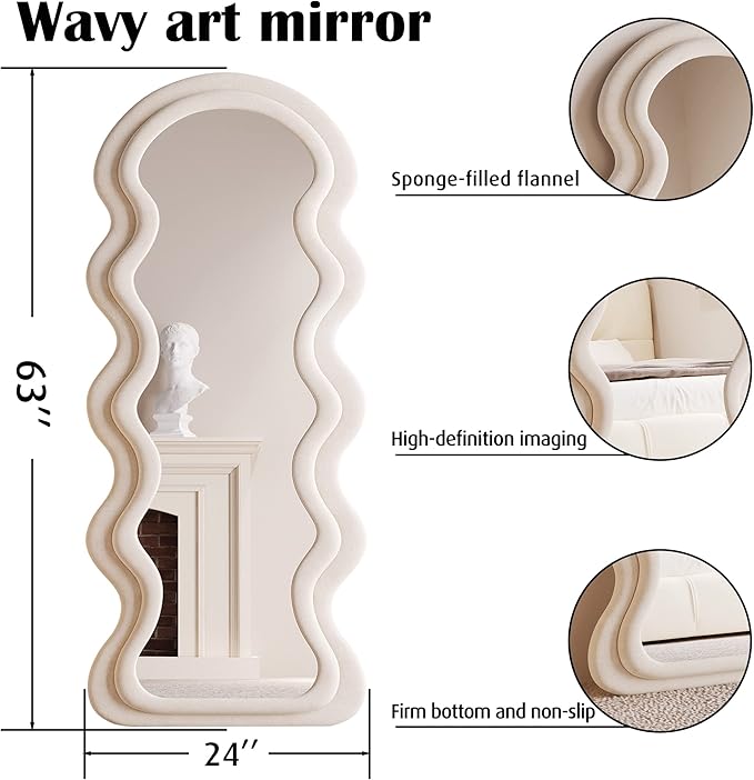 BOJOY Full Length Wavy Arched Mirror, 63x24in, Wall Mount/Standing/Leaning - White