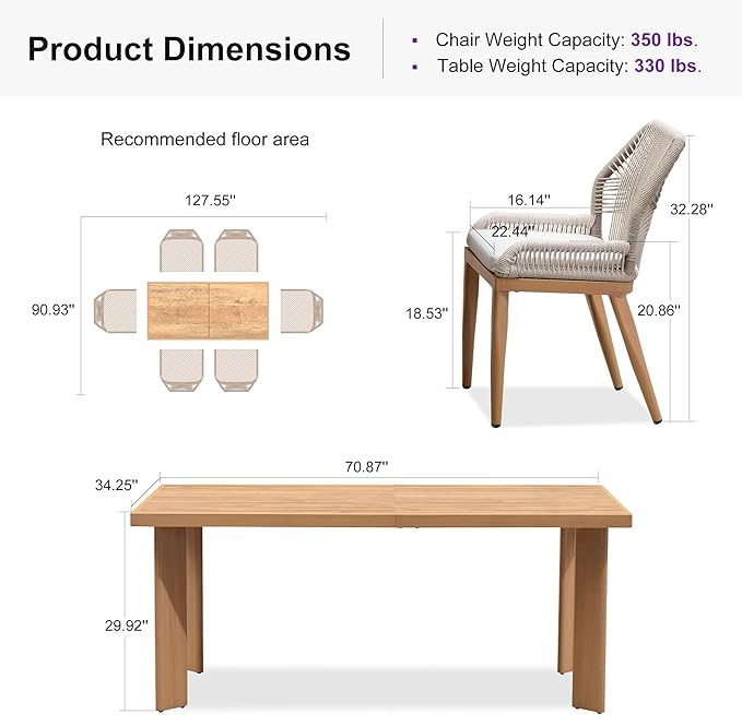 PURPLE LEAF 7 Pieces Patio Dining Set Aluminum Modern Rectangular Table and Wicker Chairs with Cushions for Kitchen Porch Garden Outdoor Furniture Sets, Teak