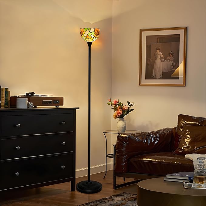 Tiffany Floor Lamp Tochiere Standing Lamp Yellow Sunflower Style Stained Glass Floor Light Vintage Tall Pole Uplight Corner Lamp with Foot Switch for Home Decor Living Room Bedroom