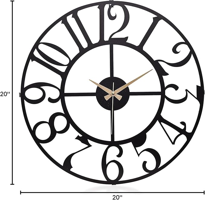 Large Metal Wall Clock | 20 inch Size Silent Battery Operated Large Size Analog Black Wall Clocks | Modern Wall Decor for Living Room Bedroom Kitchen Home Office