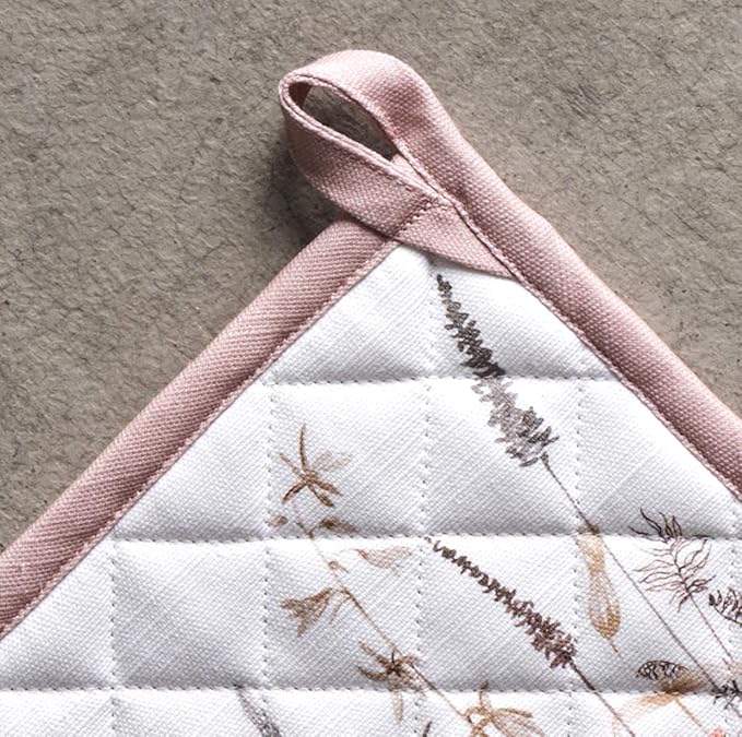 Maison d' Hermine Pot Holders Set 100% Cotton Heat Resistant Potholders 8" x 8" Hot Pads with Loop BBQ, Cooking, Grilling, Kitchen, Handling Hot Pans Spring/Summer (Pack of 2, Meadow Florals - Brown)