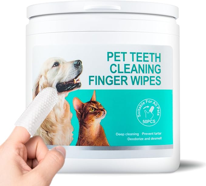 Teeth Cleaning Finger Wipes for Dogs & Cats,Dental Cleaning Wipes for Dogs and Cats,Pet Teeth Cleaning Finger Wipes,Reduces Plaque and Freshens Breath, Removes Tartar, Disposable Wet Wipes 50ct