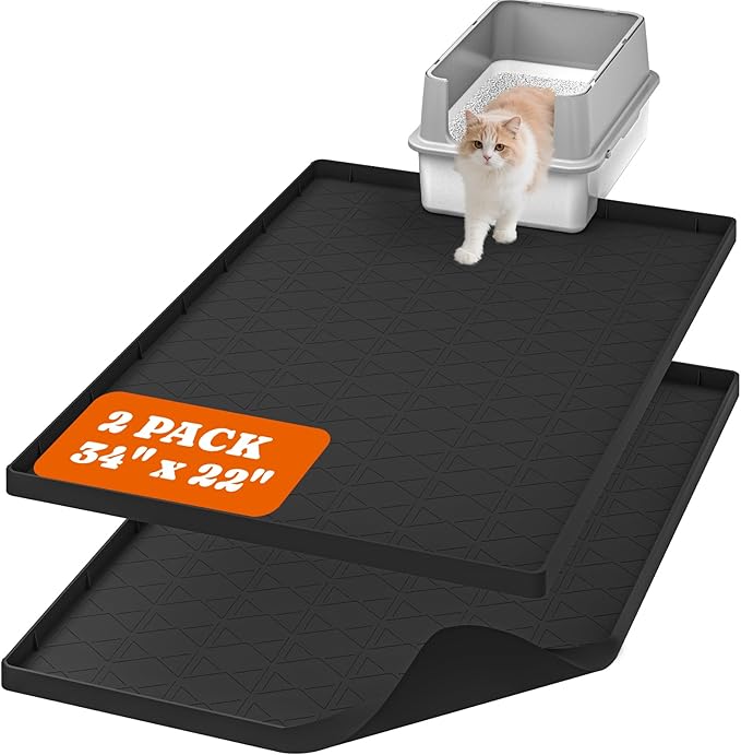 Pawtners Extra Large 2 Packs Silicone Cat Litter Mats, 34" x 22" Waterproof Litter Box Mat, Non-Slip Kitty Litter Mat for Scatter Control, Easy to Clean & Urine-Proof Cat Litter Trapping Mat, Black