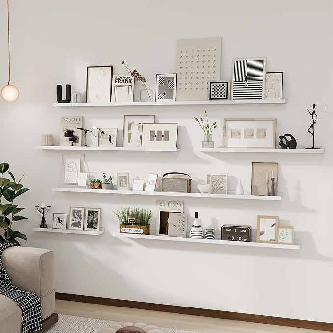 Solid Ash Wood Picture Ledge Shelf, Floating Shelves Set of 2, 56 Inch Long Large Ledge Shelves, Nursery Book Shelves Wall Mounted for Living Room Bedroom Kitchen Decor Kids Bookshelf, White