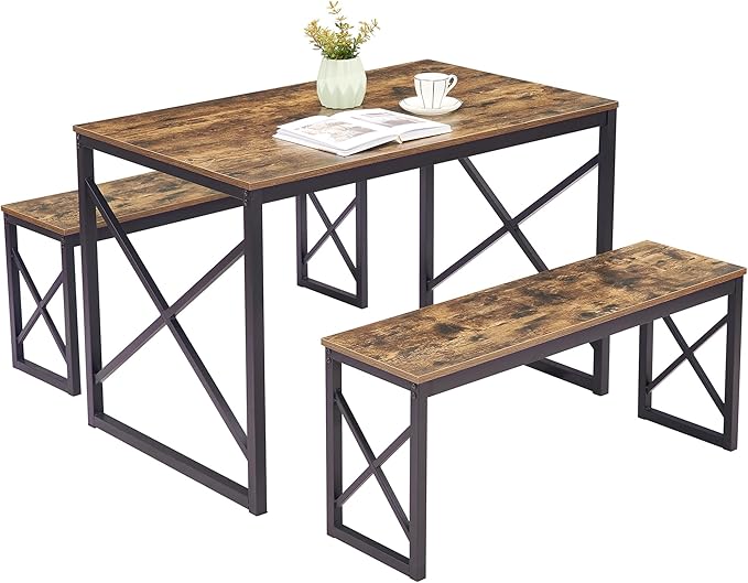 VECELO Kitchen Dining Table Benches Set for 4, 43.3" Wooden Dinette with 2 Benches, Heavy-Duty Dining Room Table for Small Space, Breakfast Nook, BrownRustic Brown