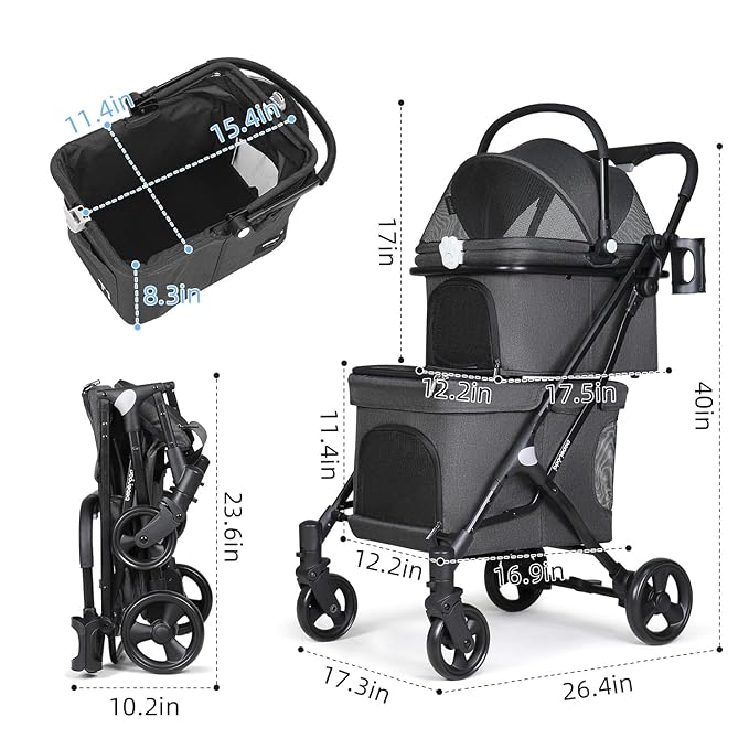T1 Double Pet Stroller for 2 Small Dogs or Cats Lightweight Foldable Double Cat Stroller with Detachable Carrier (Black)