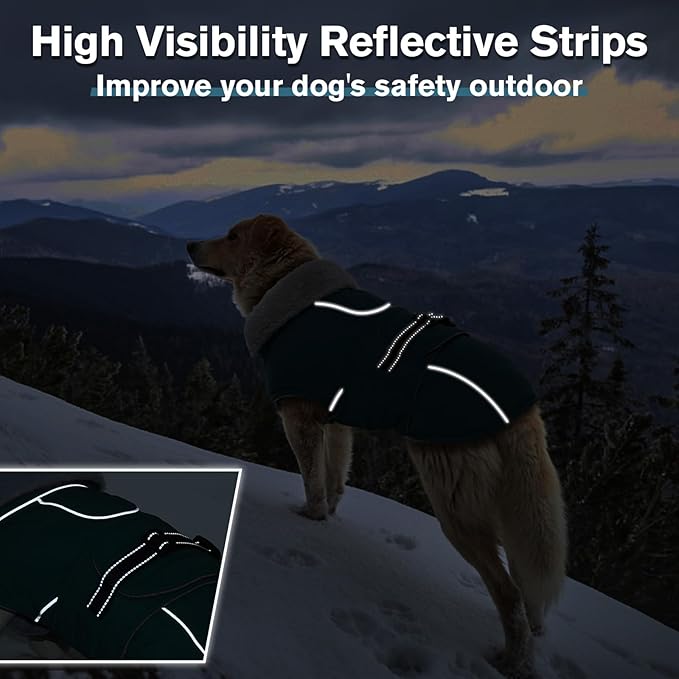 Lelepet Warm Dog Coat Reflective Fleece Vest Waterproof Dog Jacket with Adjustable Buckle Hook & Loop Windproof Cold Weather Coats for Small Medium Large Dogs, Dark Green, M