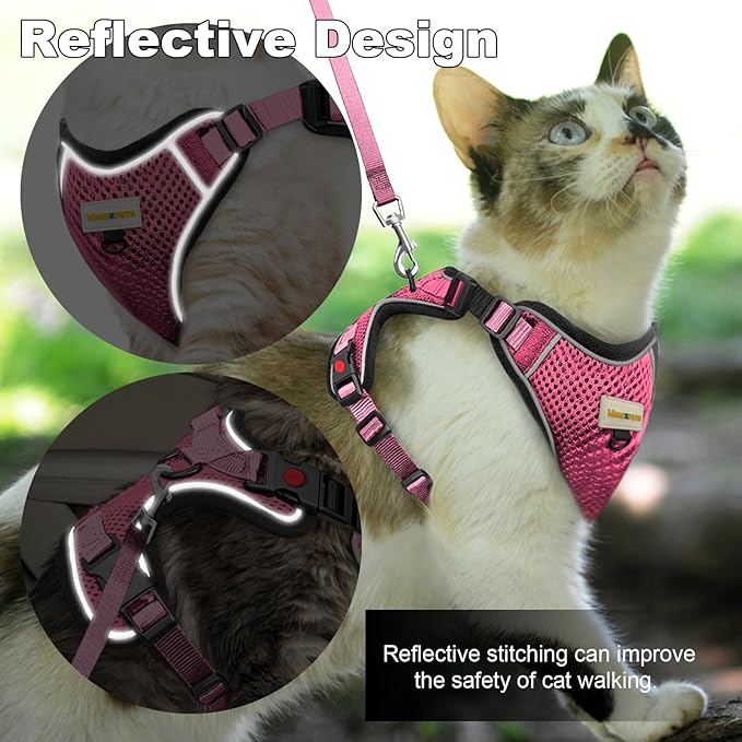 Cat Harness and Leash for Walking, Retractable Cat Harnesses and Leash Set Escape Proof, Breathable Soft Kitten Small Large Harness for Travel Training and Walking, Pink, XS
