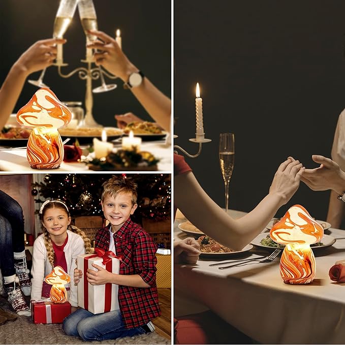 Glass Mushroom Table Lamps Night Lights Cordless Cute Small Nightstand Desk Lamp for Bedroom Living Home Decor Red (E27 Bulb Included)