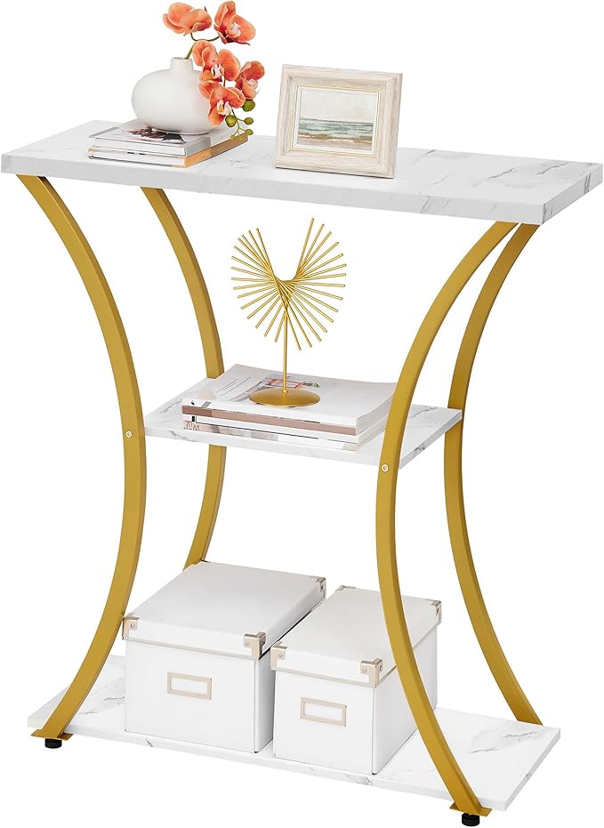 Hoctieon 3 Tier Console Table with Open Wood Shelves, Decorative Entryway Table with Curved Metal Frames, Narrow Sofa Table for Entrance, Living Room, Hallway, Gold and White Marbled