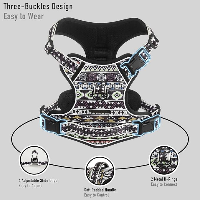 Light Dog Harness for Small Sized Dog Breeds, No Pull Pet Harness with 2 Leash Clips, Adjustable Soft Padded Dog Vest, Reflective Pet Oxford Vest, Puggle, Terriers, Beagle, Black Ethnic, Small