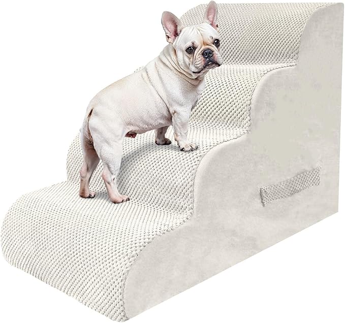 PAWSCART Dog Stairs for Small Dogs and Cats, 4-Step Dog Steps for Bed, 19.6" H Pet Stairs for High Bed, Pet Ramp for Couch, Sofa, Non-Slip Surface Removable Washable Cover, Beige