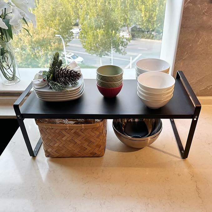 Set of 2 Expandable Cabinet Shelf Organizer, Black Kitchen Countertop Shelves, Stackable Metal Pantry Storage Organizer for Cupboard, Spice Rack